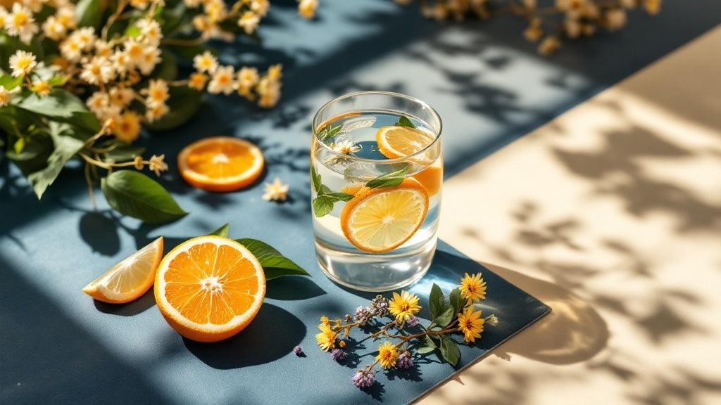 Copo de água e fruta fresca num cenário de manhã luminosa